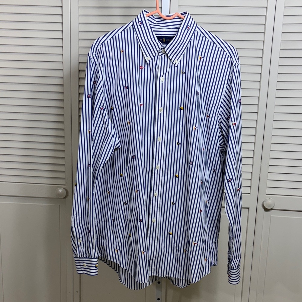 Polo Ralph Lauren White and Blue Striped Shirt Embroidered XL